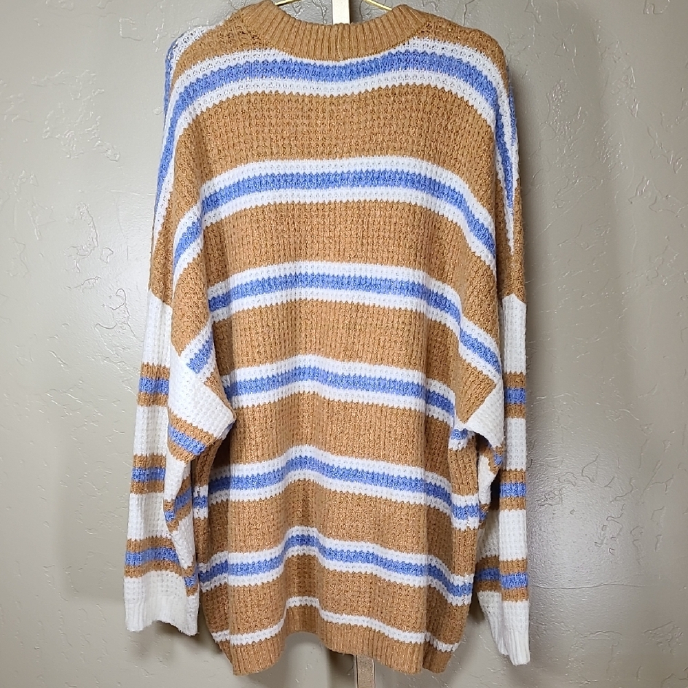 American Eagle Outfitters Tan and Blue Striped Oversized Crewneck Sweater XXL - Picture 5 of 10